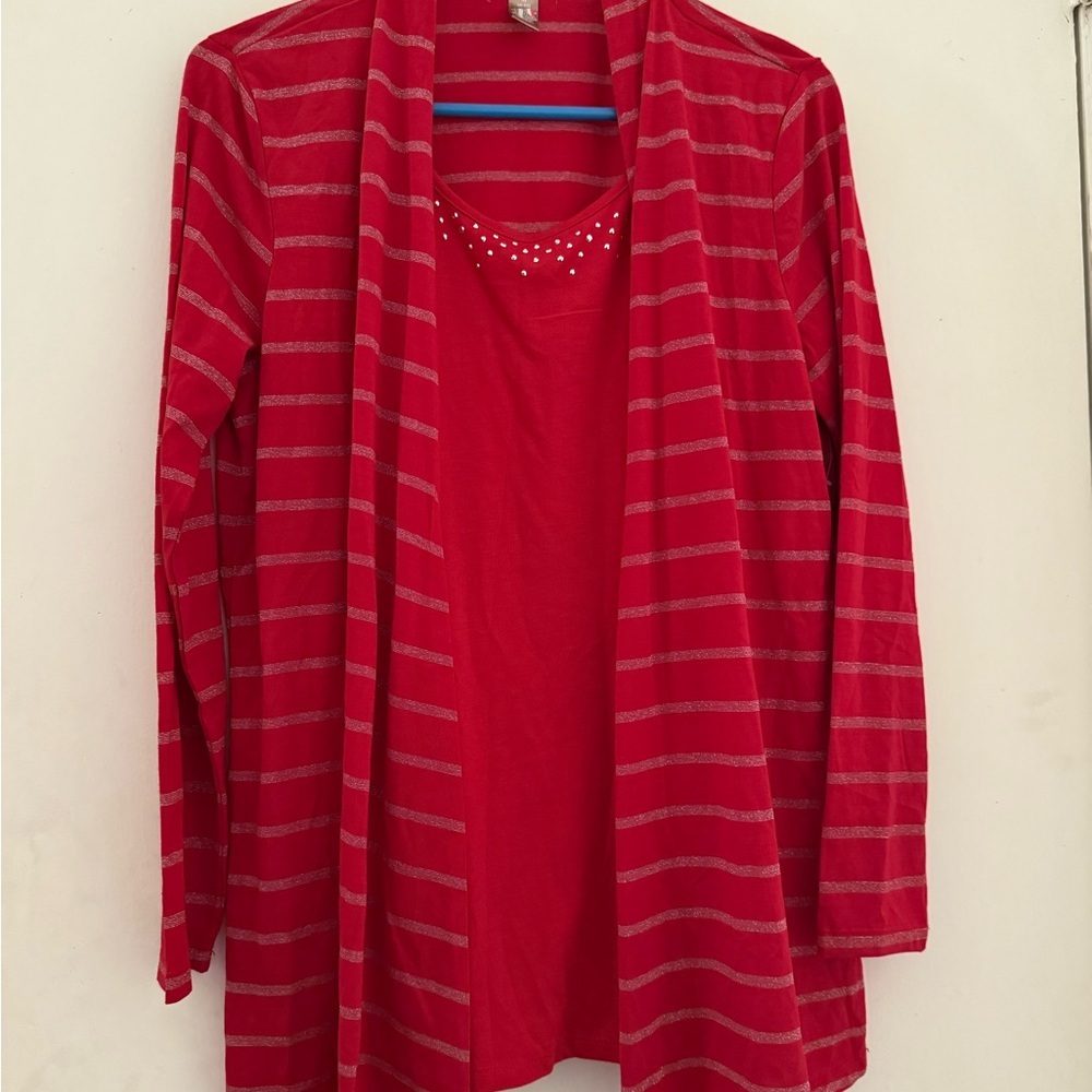 White Stag Red and Metallic Striped Cardigan Set